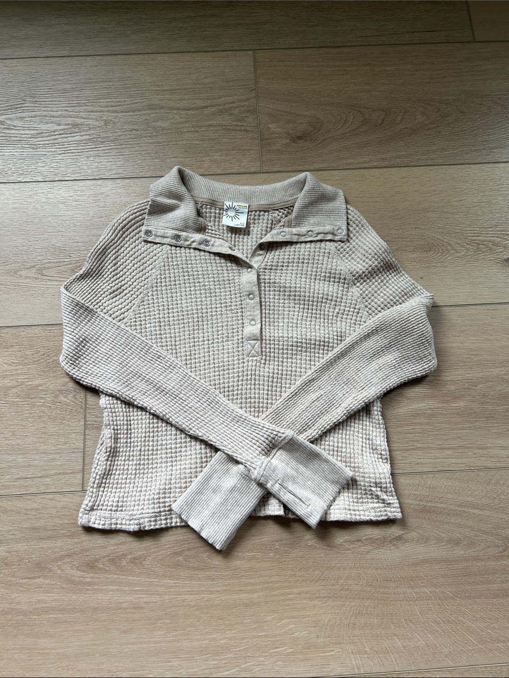aerie Beige Waffle-Knit Henley Pullover Small